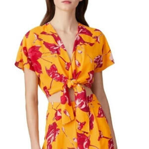 COLOR ME COURTNEY Lori Wrap Crop Top Blouse Front Tie Yellow Pink Size 10 EUC